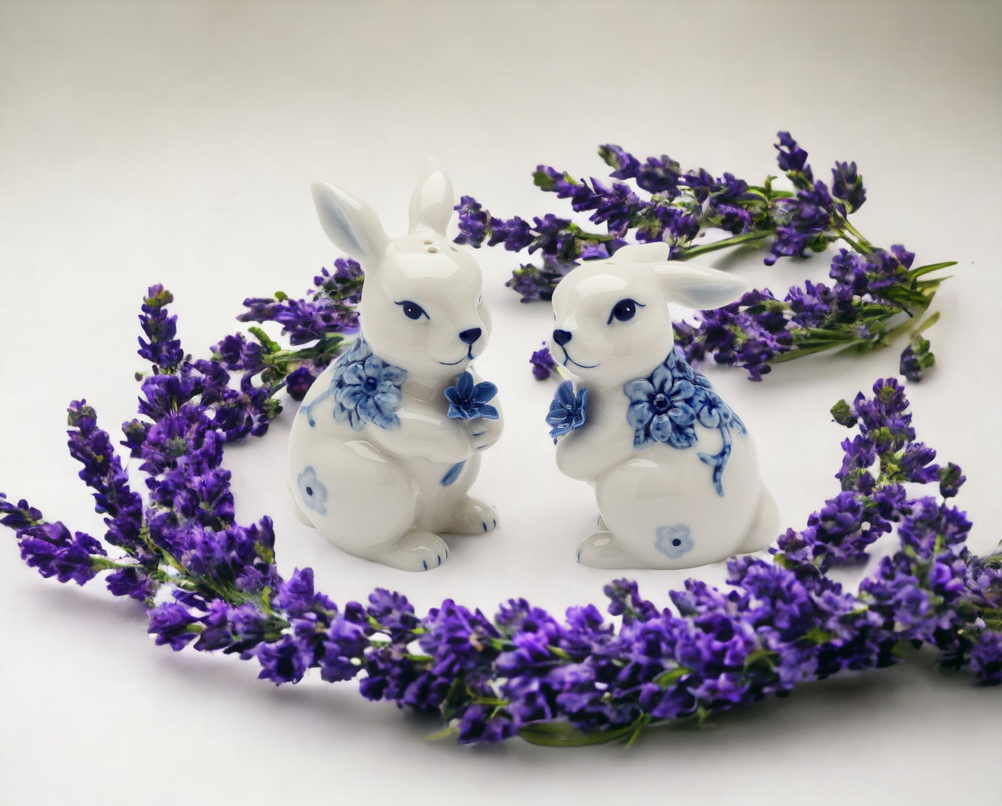 Ceramic Easter Bunny Rabbits with Blue Flowers Salt and Pepper Shakers, Gift for Her or Mom, Kitchen Décor, Spring or Easter Décor