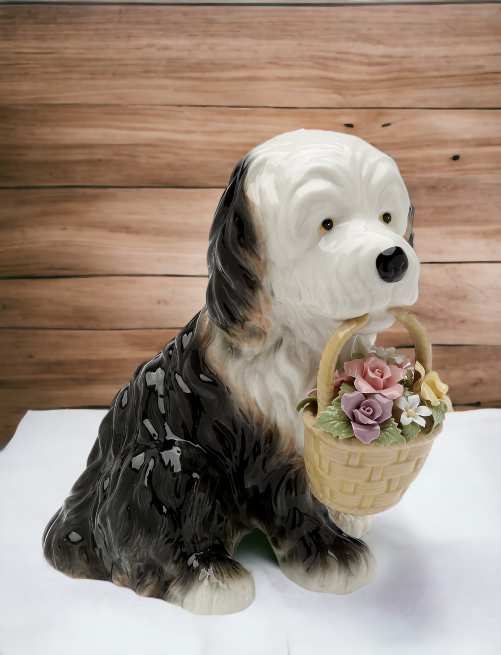 Ceramic St. Bernard Dog with Flower Basket Music Box, Home Décor, Gift for Her, Gift for Mom, Kitchen Décor, Dog Lover Gift, Pet Loss Gift