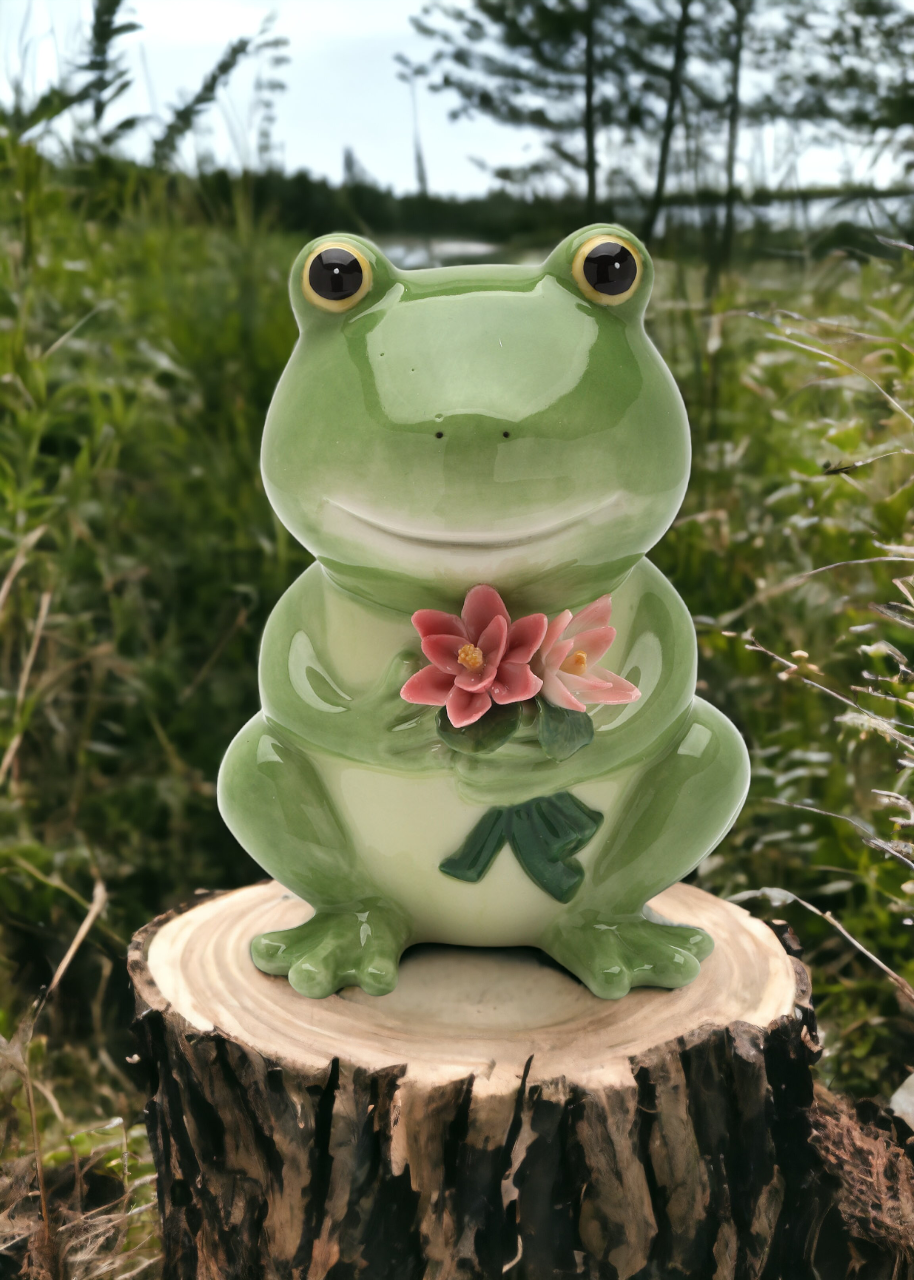 Ceramic Frog and Flowers Piggy Bank, Home Décor, Gift for Her, Mom, Spring Décor, Cottagecore, Nature Lover Gift