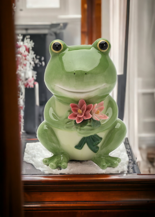 Ceramic Frog and Flowers Piggy Bank, Home Décor, Gift for Her, Mom, Spring Décor, Cottagecore, Nature Lover Gift