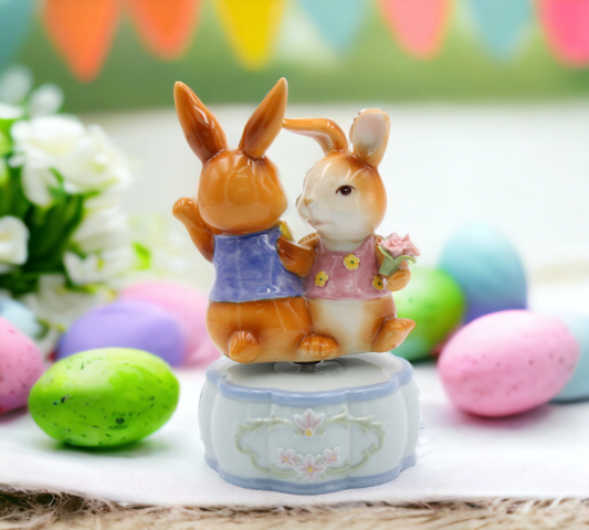 Ceramic Dancing Bunnies Music Box, Home Décor, Gift for Her, Gift for Mom, Kitchen Décor, Spring Décor, Easter Décor