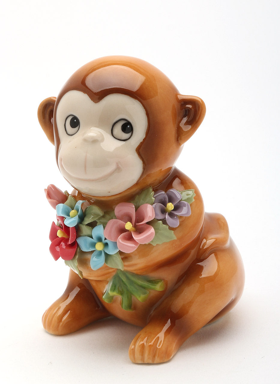 Ceramic Monkey with Flowers Figurine, Home Décor, Gift for Her, Gift for Mom, Nature Lover Gift, Gift for Daughter