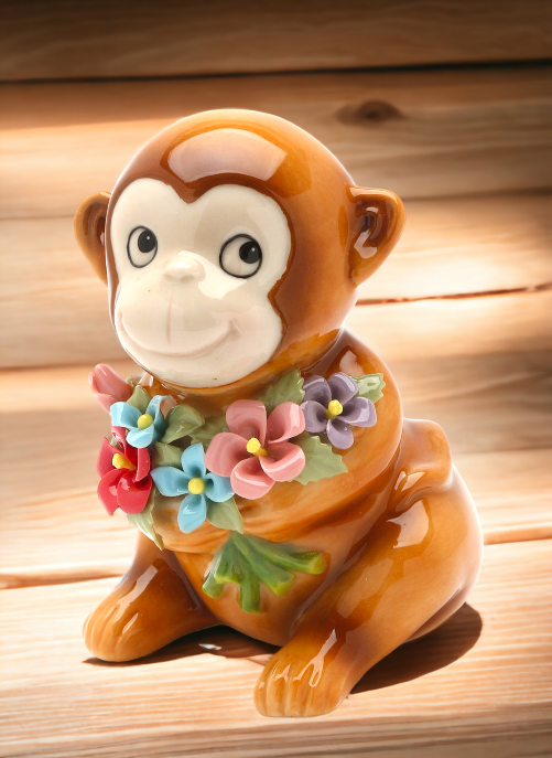 Ceramic Monkey with Flowers Figurine, Home Décor, Gift for Her, Gift for Mom, Nature Lover Gift, Gift for Daughter