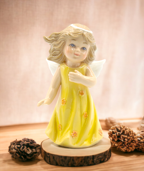 Ceramic Angel In Yellow Dress Figurine, Religious Décor, Religious Gift, Church Décor, Church Gift, Baptism Gift