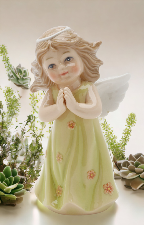 Ceramic Angel In Green Dress Figurine, Religious Décor, Religious Gift, Church Décor, Church Gift, Baptism Gift