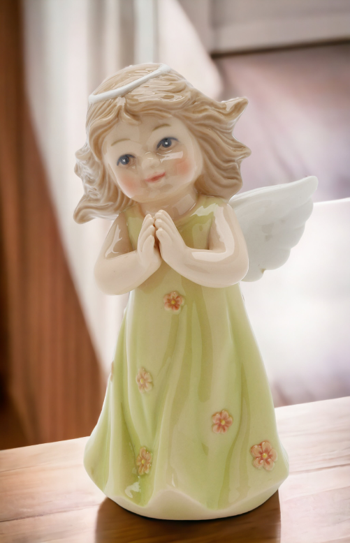 Ceramic Angel In Green Dress Figurine, Religious Décor, Religious Gift, Church Décor, Church Gift, Baptism Gift