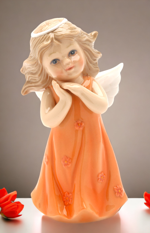 Ceramic Angel in Peach Orange Dress Figurine, Religious Décor, Religious Gift, Church Décor, Church Gift, Baptism Gift