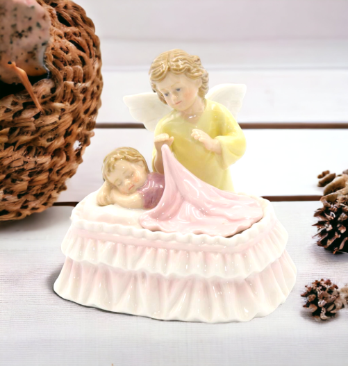 Ceramic Guardian Angel Watching Over Baby Music Box, Baptism Gift, Nursery Room Decor, Baby Shower Gift, Religious Decor