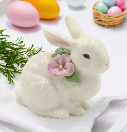 Ceramic Bunny Rabbit with Pink Pansy Flower Figurine, Home Décor, Gift for Her, Gift for Mom, Kitchen Décor, Spring Décor, Easter Décor