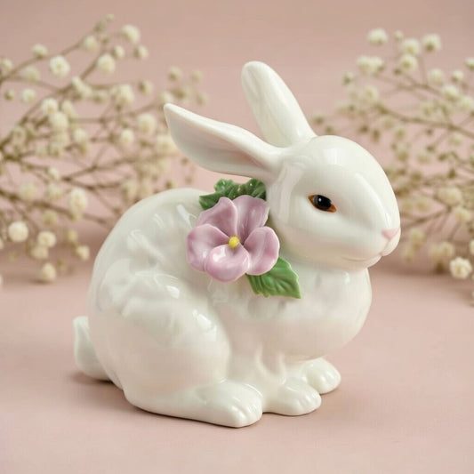 Ceramic Bunny Rabbit with Pink Pansy Flower Figurine, Home Décor, Gift for Her, Gift for Mom, Kitchen Décor, Spring Décor, Easter Décor
