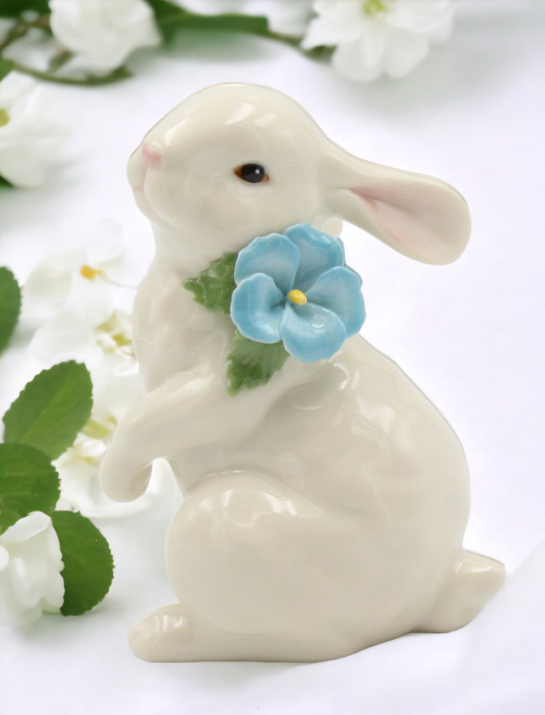 Ceramic White Rabbit with Blue Pansy Flower Figurine, Home Décor, Gift for Her, Gift for Mom, Kitchen Décor, Spring Décor, Easter Décor