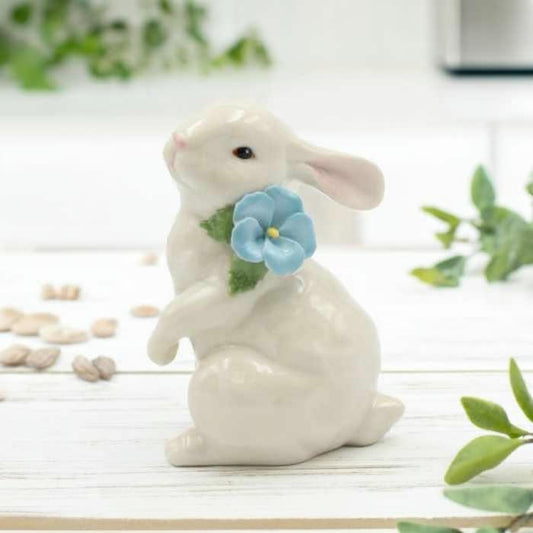 Ceramic White Rabbit with Blue Pansy Flower Figurine, Home Décor, Gift for Her, Gift for Mom, Kitchen Décor, Spring Décor, Easter Décor
