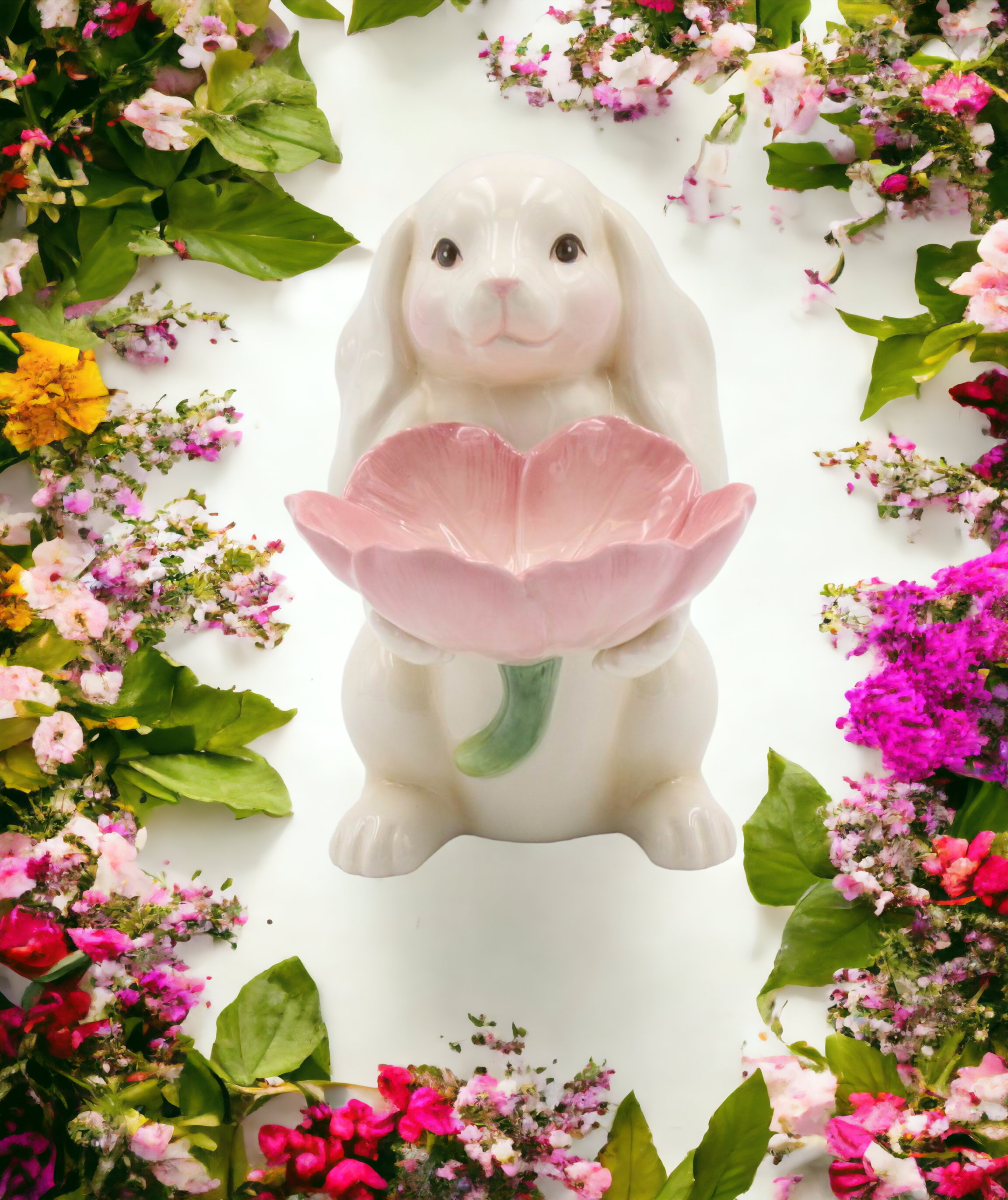 Springtime Bunnies: Easter Bunny Rabbit Holding Pink Flower Candy Dish, Spring Decor