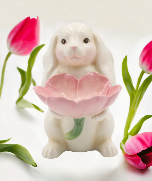 Springtime Bunnies: Easter Bunny Rabbit Holding Pink Flower Candy Dish, Spring Decor