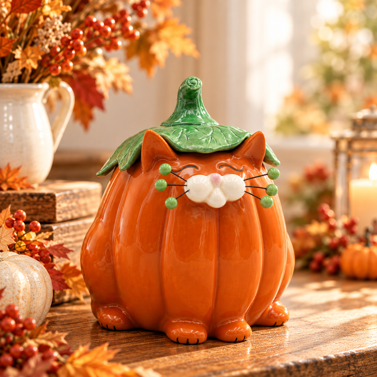 Ceramic Pumpkin Cat Candy Box with Lid | Cute Halloween Decor & Cat Lover Gift