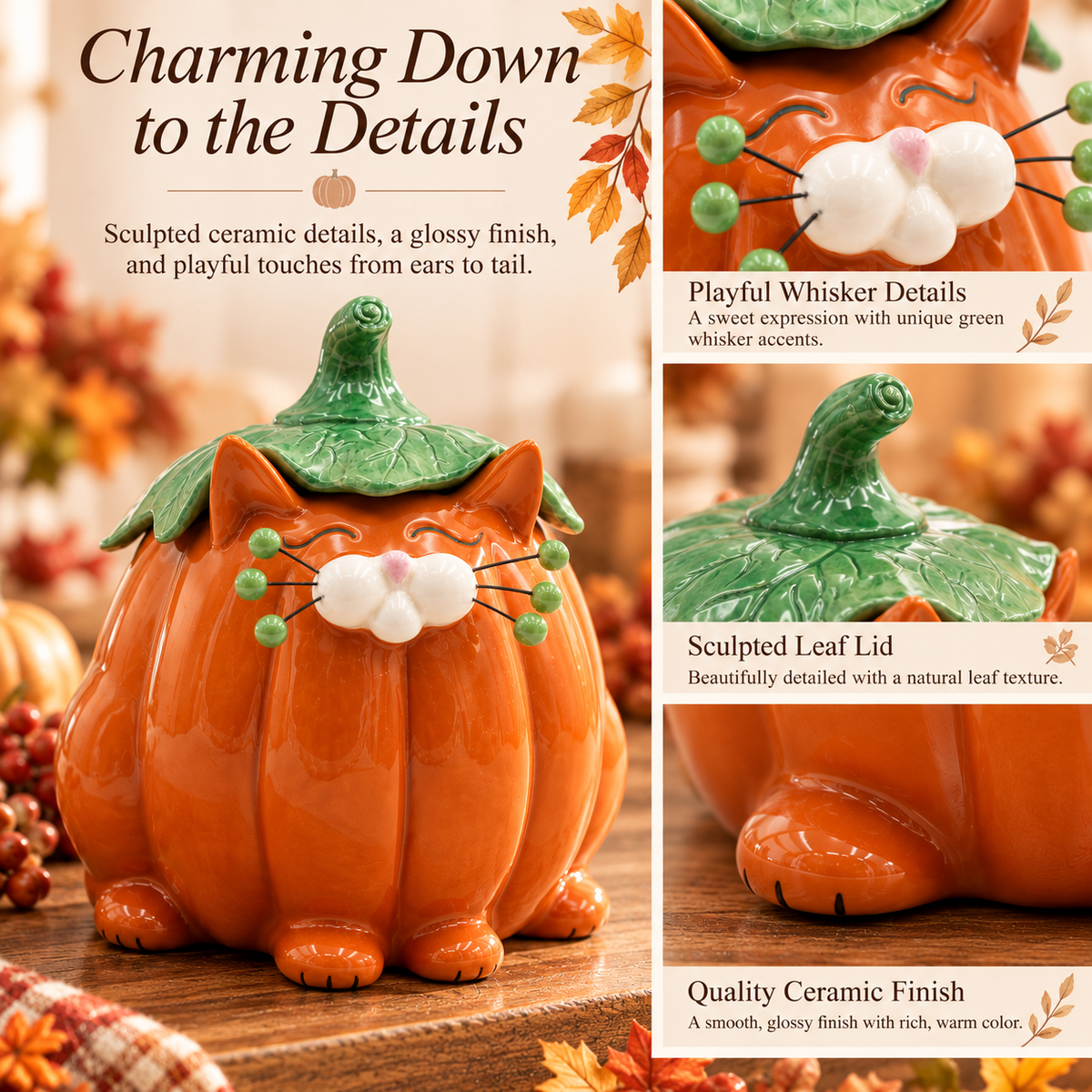 Ceramic Pumpkin Cat Candy Box with Lid | Cute Halloween Decor & Cat Lover Gift