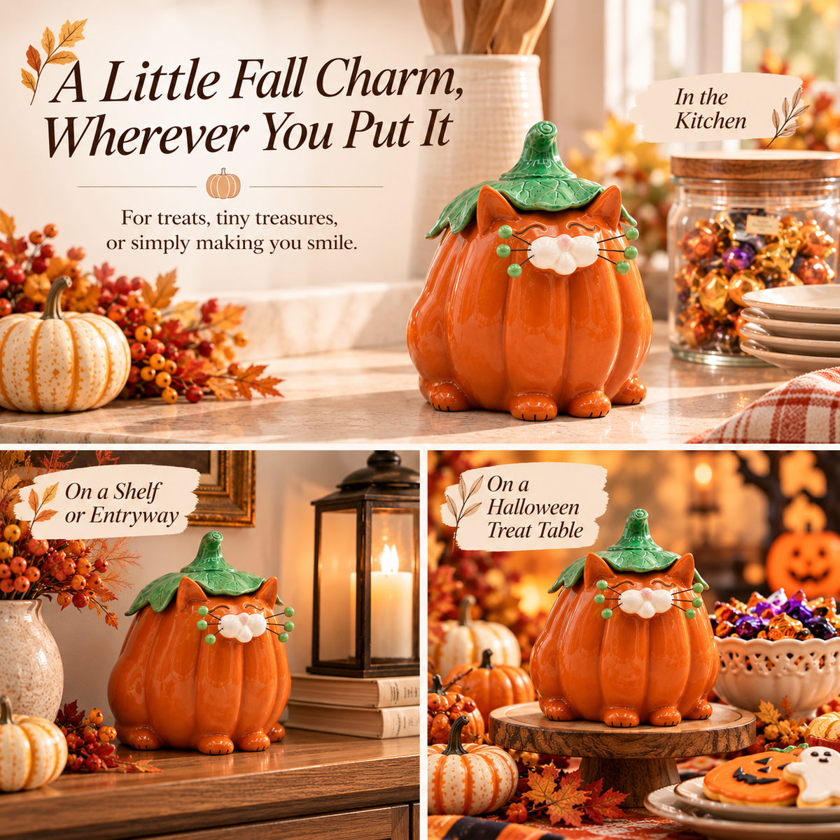 Ceramic Pumpkin Cat Candy Box with Lid | Cute Halloween Decor & Cat Lover Gift