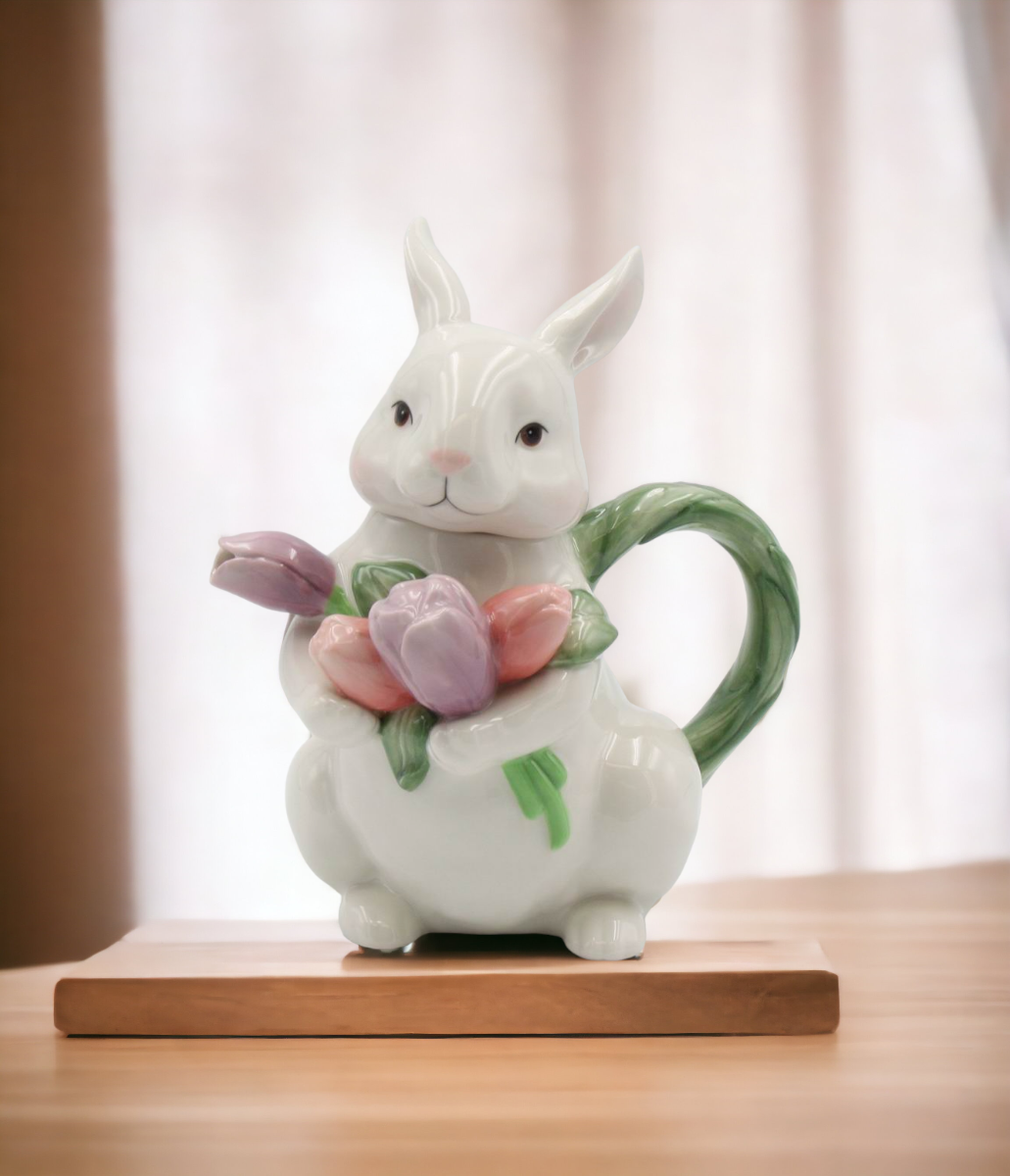 Ceramic Easter Rabbit with Tulip Flowers Teapot, Gift for Her, Gift for Mom, Tea Party Décor, Café Décor, Spring Decor