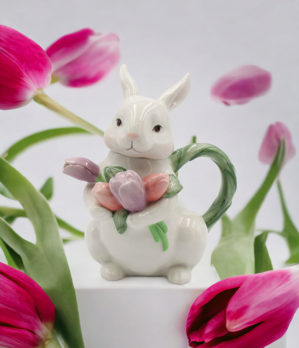 Ceramic Easter Rabbit with Tulip Flowers Teapot, Gift for Her, Gift for Mom, Tea Party Décor, Café Décor, Spring Decor