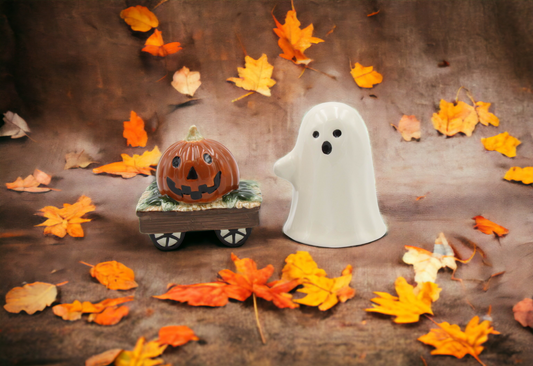 Ceramic Casper the Ghost And Pumpkin Wagon Halloween Salt And Pepper Shakers, Gift for Her or Mom, Kitchen Décor, Fall Décor