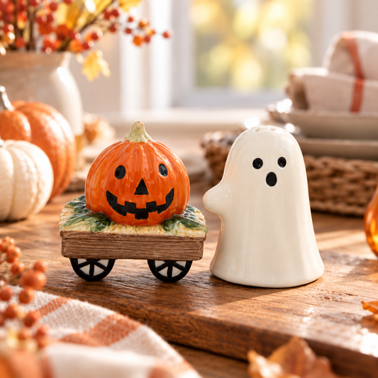 Ceramic Ghost & Pumpkin Wagon Salt and Pepper Shakers | Cute Halloween Kitchen Decor