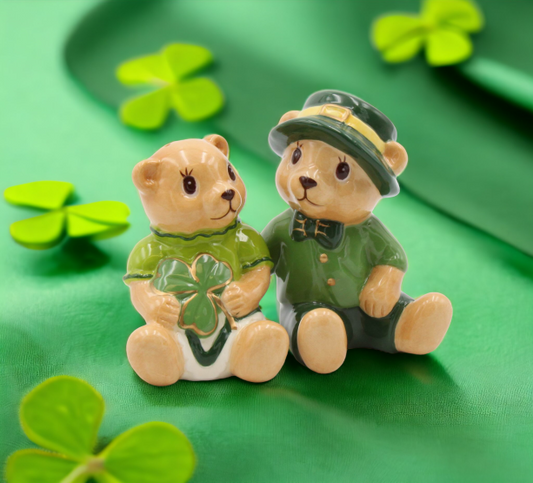 Ceramic Irish Teddy Bear Couple with Shamrock Salt and Pepper, Gift for Her, Gift for Mom, Kitchen Décor, Irish Saint Patrick’s Day Décor