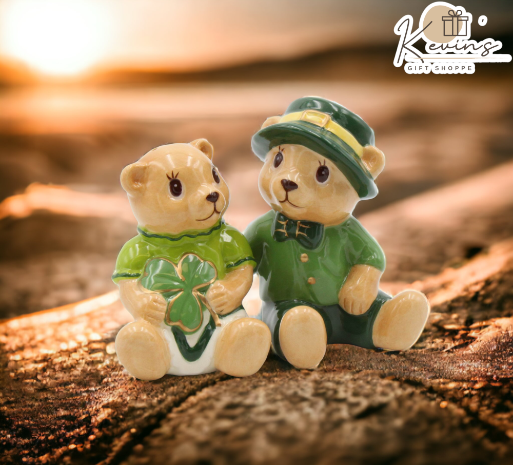 Ceramic Irish Teddy Bear Couple with Shamrock Salt and Pepper, Gift for Her, Gift for Mom, Kitchen Décor, Irish Saint Patrick’s Day Décor