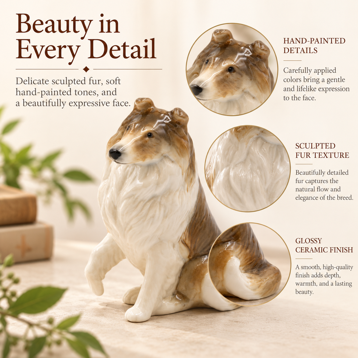 Hand-Painted Ceramic Collie Dog Figurine – Rough Collie Home Décor, Dog Lover Gift & Pet Memorial Keepsake