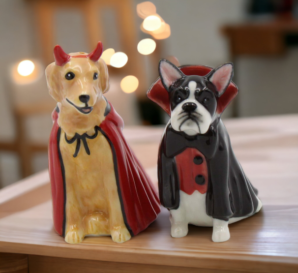 Ceramic Halloween Decor Devil And Dracula Dog Salt And Pepper Shakers, Gift for Her, Gift for Mom, Kitchen Décor, Gift for Dog Lover