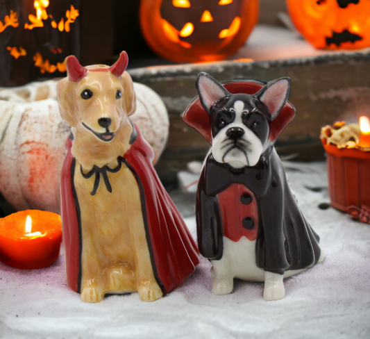 Ceramic Halloween Decor Devil And Dracula Dog Salt And Pepper Shakers, Gift for Her, Gift for Mom, Kitchen Décor, Gift for Dog Lover