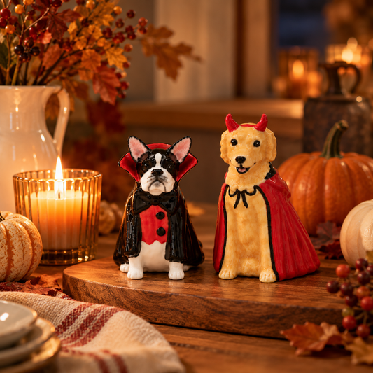 Ceramic Halloween Dog Salt & Pepper Shakers – Devil Golden Retriever & Dracula Dog Set