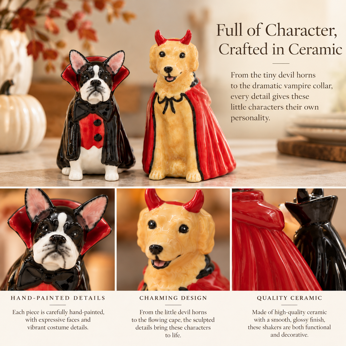 Ceramic Halloween Dog Salt & Pepper Shakers – Devil Golden Retriever & Dracula Dog Set