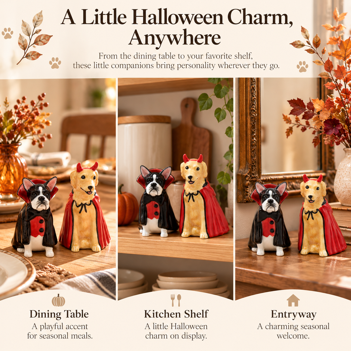 Ceramic Halloween Dog Salt & Pepper Shakers – Devil Golden Retriever & Dracula Dog Set