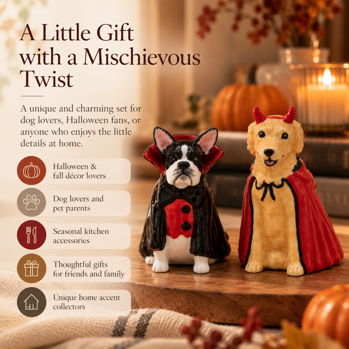 Ceramic Halloween Dog Salt & Pepper Shakers – Devil Golden Retriever & Dracula Dog Set