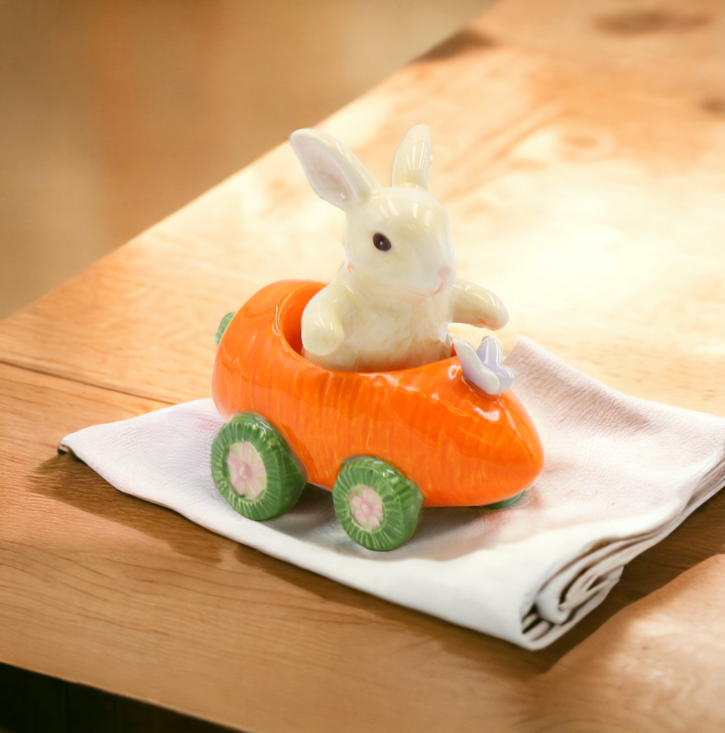 Ceramic Bunny Rabbit In Carrot Racecar Salt And Pepper Shakers, Home Décor, Gift for Her or Mom, Kitchen Décor, Spring or Easter Décor