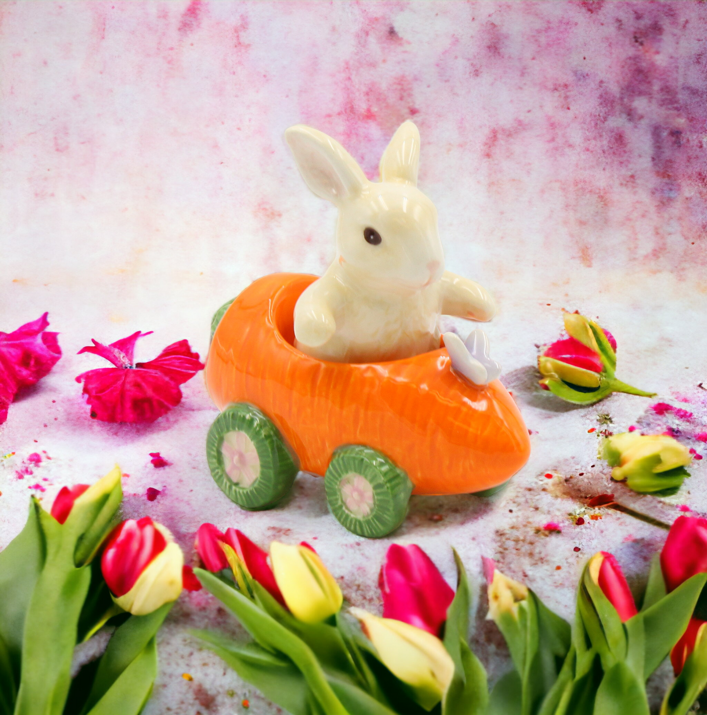 Ceramic Bunny Rabbit In Carrot Racecar Salt And Pepper Shakers, Home Décor, Gift for Her or Mom, Kitchen Décor, Spring or Easter Décor