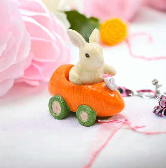 Ceramic Bunny Rabbit In Carrot Racecar Salt And Pepper Shakers, Home Décor, Gift for Her or Mom, Kitchen Décor, Spring or Easter Décor