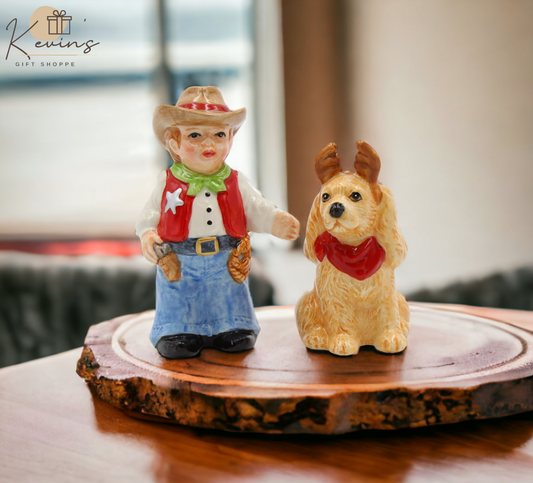 Ceramic Cowboy With Dog Salt & Pepper Shakers, Home Décor, Gift for Her, Gift for Mom, Kitchen Décor, Dog Lover Gift, Pet Loss Gift