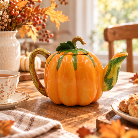 An orange pumpkin-shaped ceramic teapot with green leaf and stem details, styled on a wooden table in a cozy autumn-themed setting with a teacup, cookies, and fall leaves.