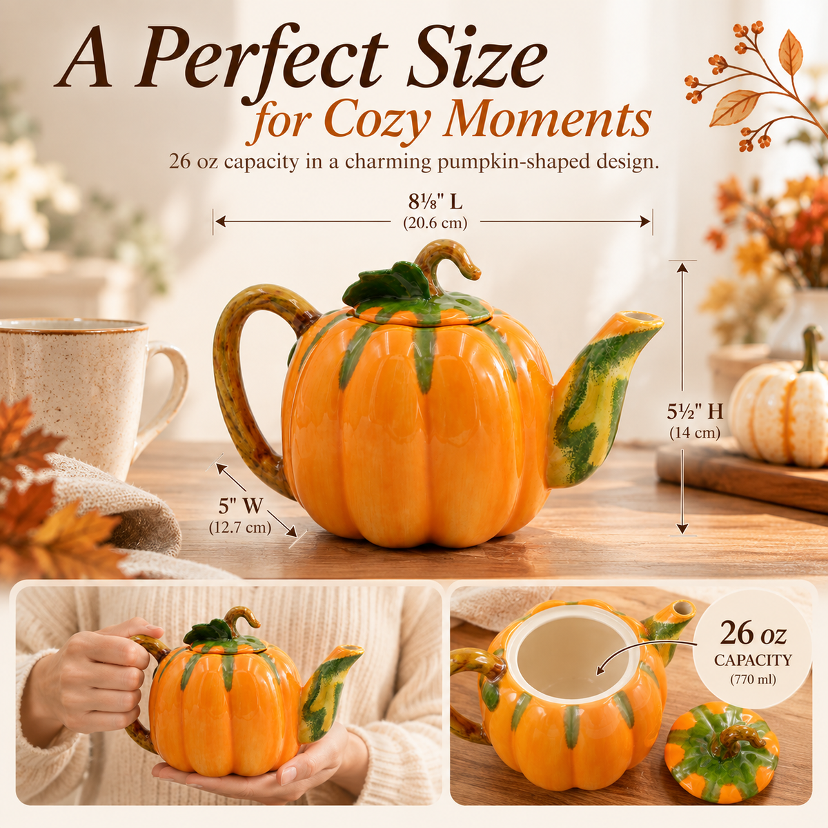 Pumpkin-shaped ceramic teapot with lid and handle, shown on a wooden table with measurement callouts, plus two inset photos showing a person holding the teapot and the open interior capacity.