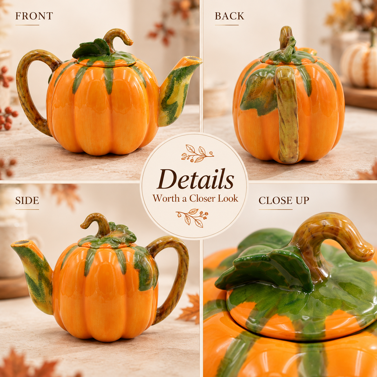 A ceramic pumpkin-shaped teapot shown from multiple angles in a collage layout labeled FRONT, BACK, SIDE, and CLOSE UP, with a central circular detail panel reading 'Details Worth a Closer Look.' The product is glossy orange with green leaf accents and a brown/olive handle and stem.