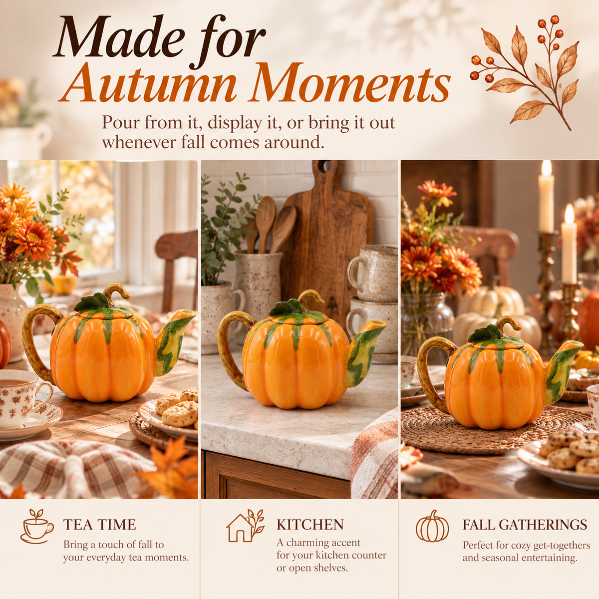 An orange pumpkin-shaped teapot with green leaf accents, shown in three warm autumn kitchen and dining scene panels under the headline 'Made for Autumn Moments.' The text also reads 'Pour from it, display it, or bring it out whenever fall comes around.