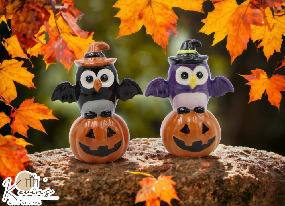 Ceramic Halloween Decor Owl Witches Sitting on Pumpkins Salt and Pepper, Home Décor, Gift for Her, Gift for Mom, Kitchen Décor, Fall Décor