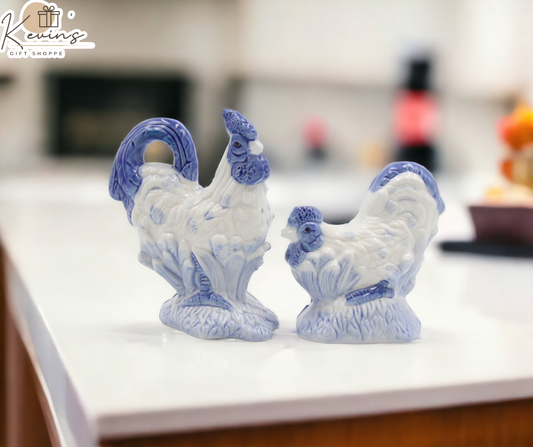 Ceramic White Rooster With Blue Print Salt And Pepper Shakers, Home Décor, Gift for Her, Gift for Mom, Kitchen Décor, Farmhouse Decor