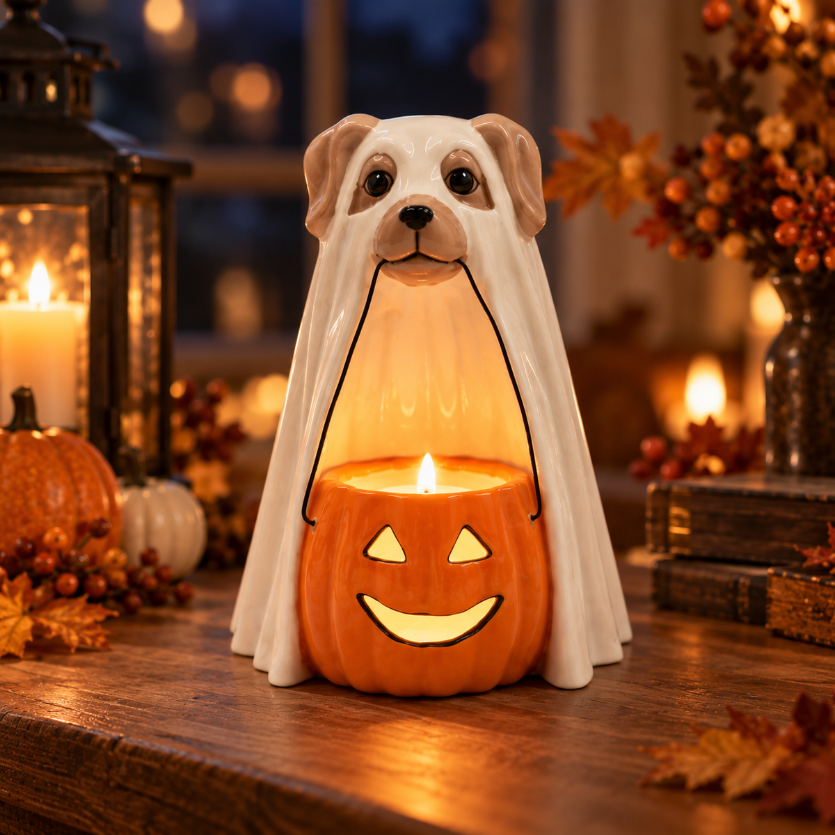 Ceramic Halloween Ghost Dog Tealight Holder | Hand-Painted Pumpkin Candle Holder & Fall Décor
