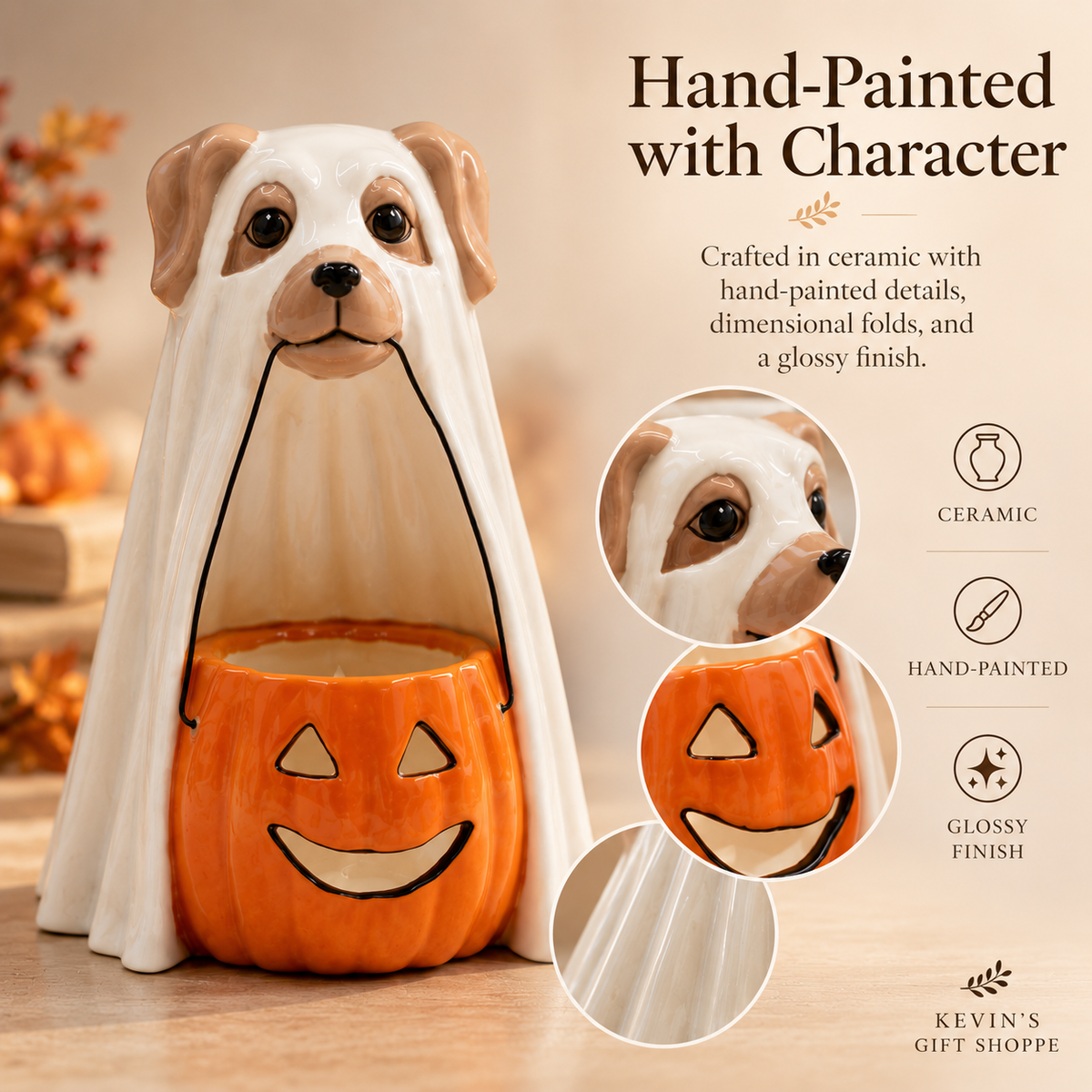 Ceramic Halloween Ghost Dog Tealight Holder | Hand-Painted Pumpkin Candle Holder & Fall Décor