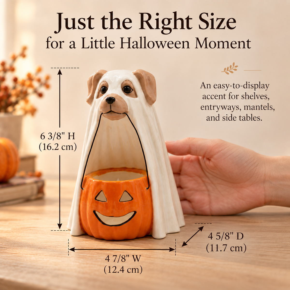 Ceramic Halloween Ghost Dog Tealight Holder | Hand-Painted Pumpkin Candle Holder & Fall Décor