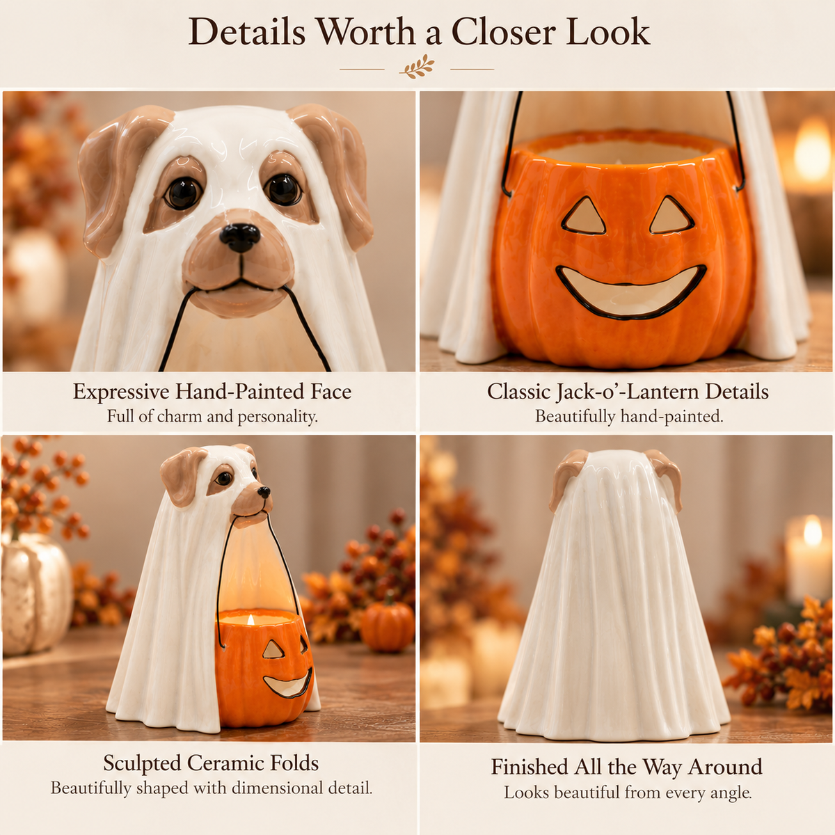Ceramic Halloween Ghost Dog Tealight Holder | Hand-Painted Pumpkin Candle Holder & Fall Décor