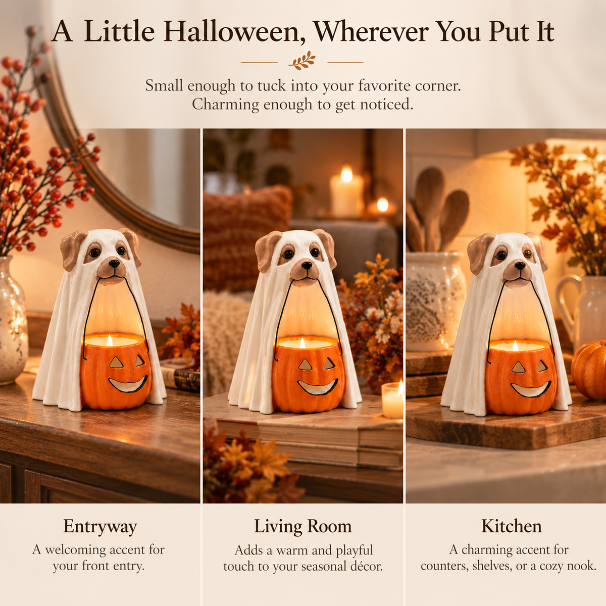 Ceramic Halloween Ghost Dog Tealight Holder | Hand-Painted Pumpkin Candle Holder & Fall Décor
