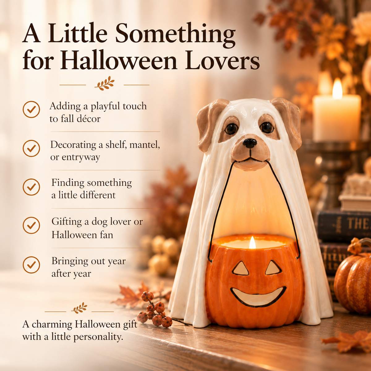 Ceramic Halloween Ghost Dog Tealight Holder | Hand-Painted Pumpkin Candle Holder & Fall Décor